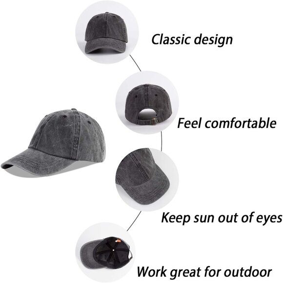Unisex Washed-khaki + Black Baseball Cap Cotton Fits Washed Denim Adjustable Hat - Picture 6 of 6